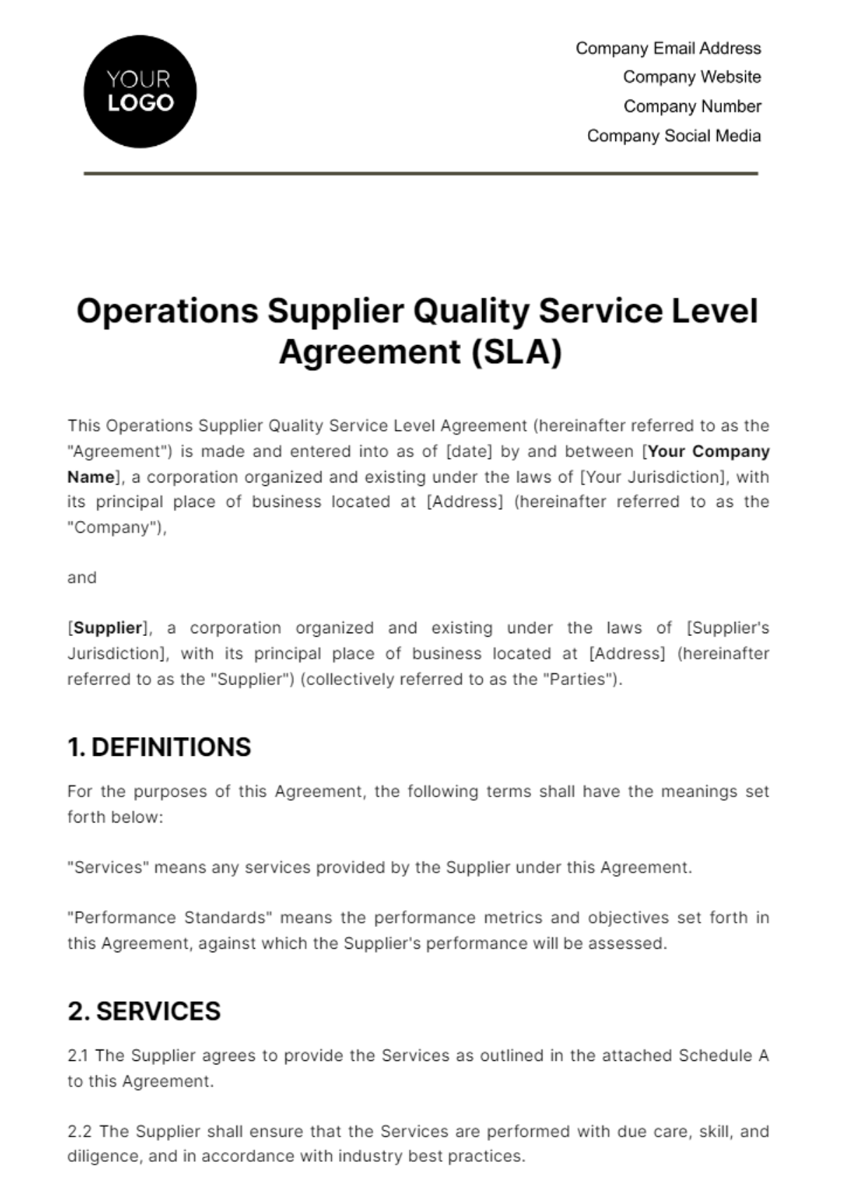 Operations Supplier Quality SLA Template