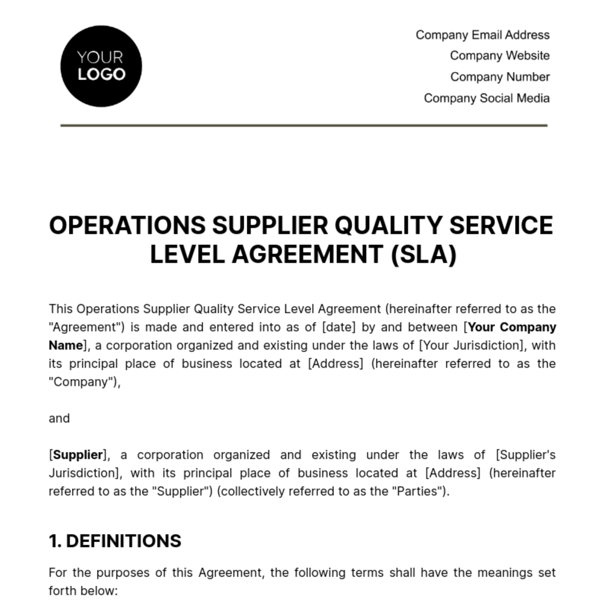 Operations Supplier Quality SLA Template - Edit Online & Download