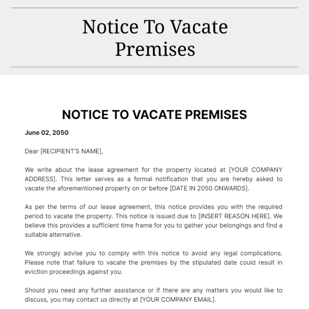 Notice To Vacate Premises Template