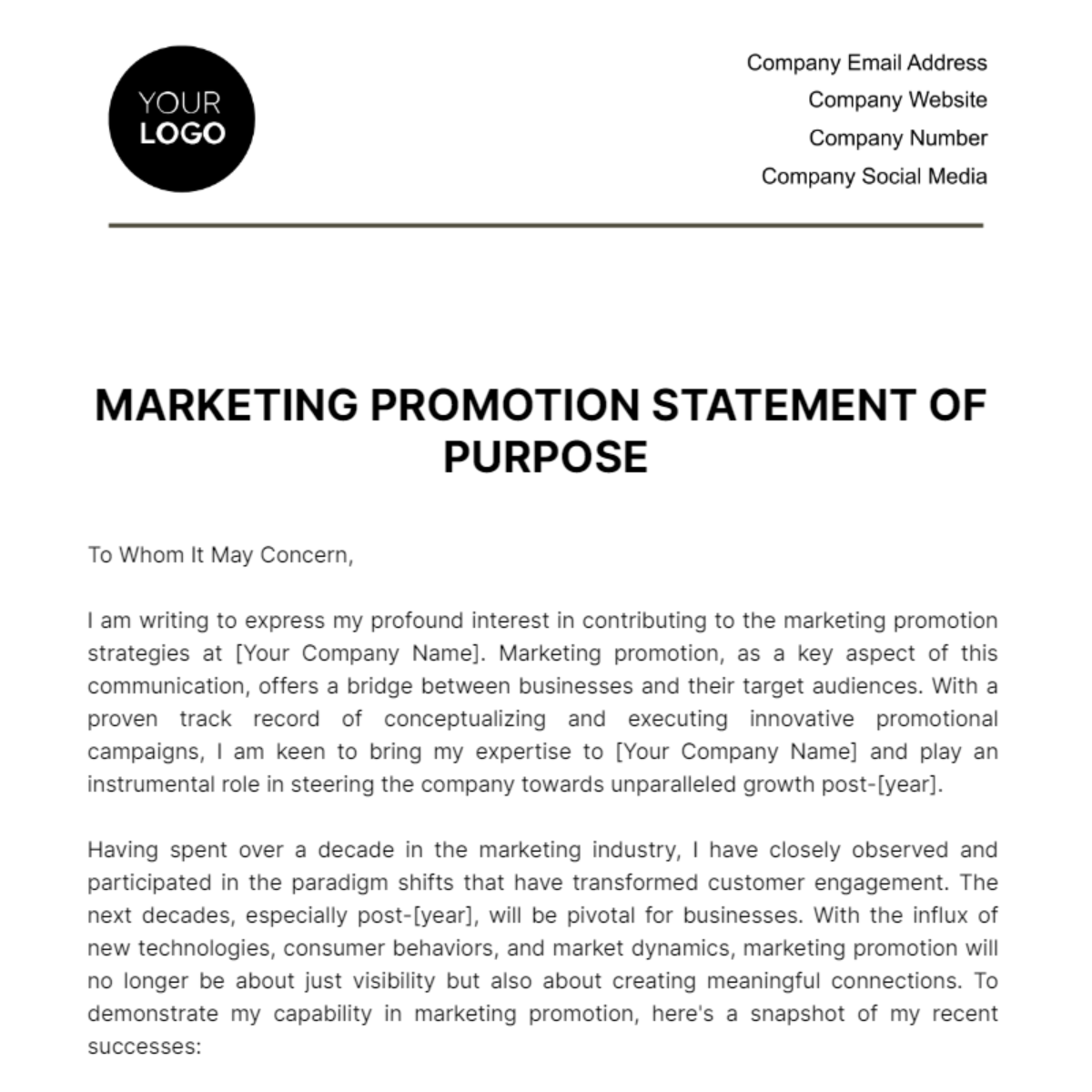 Marketing Promotion Statement of Purpose Template