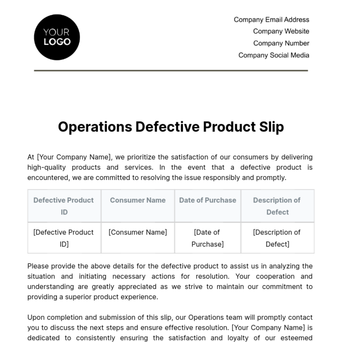 Operations Defective Product Slip Template - Edit Online & Download