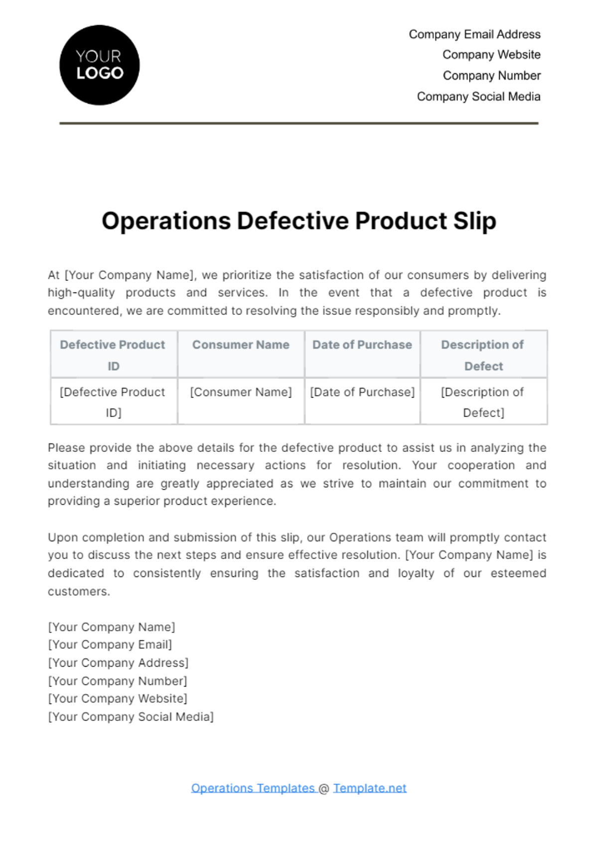 Free Operations Defective Product Slip Template