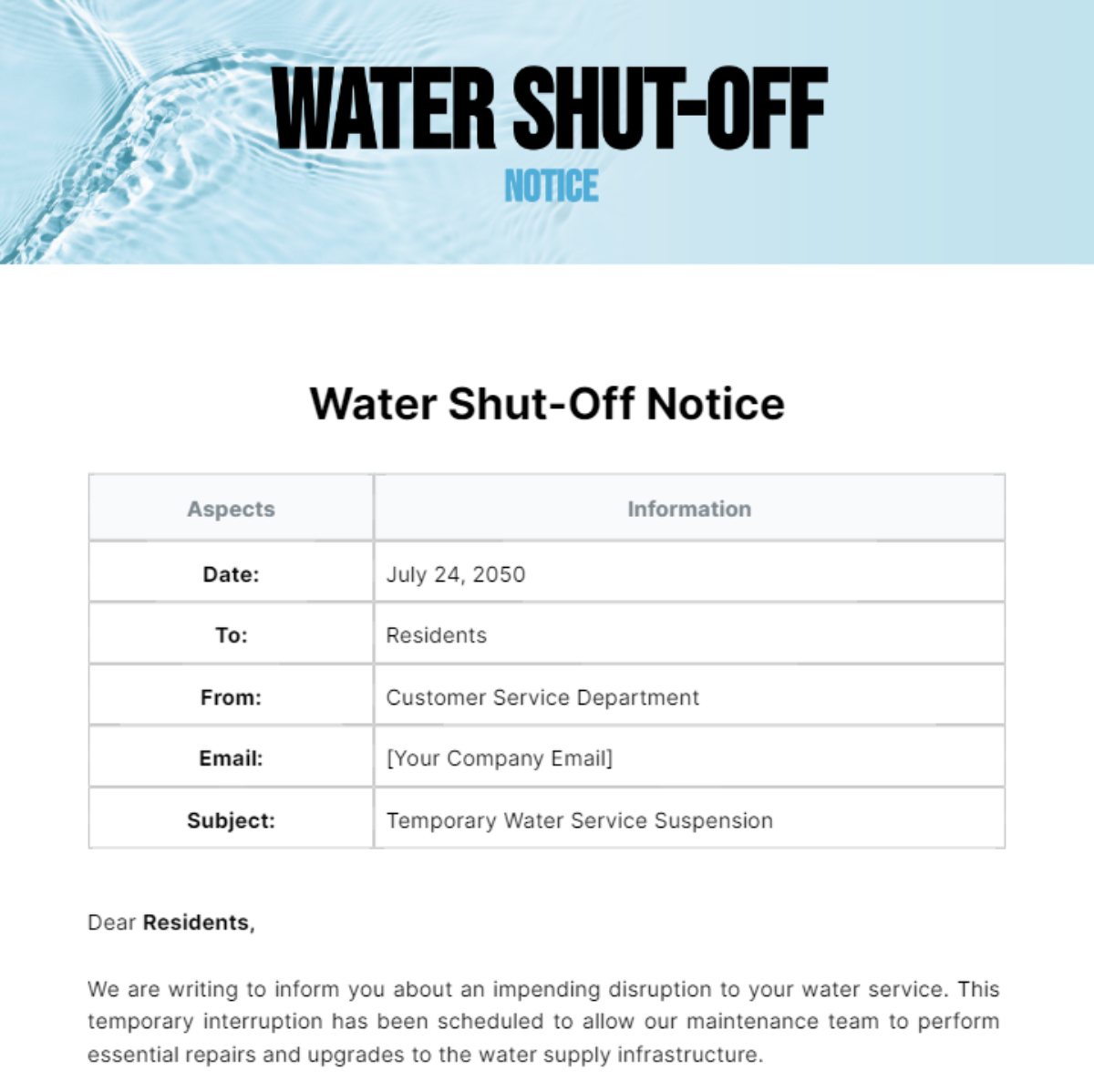 Free Water Shut Off Notice Template