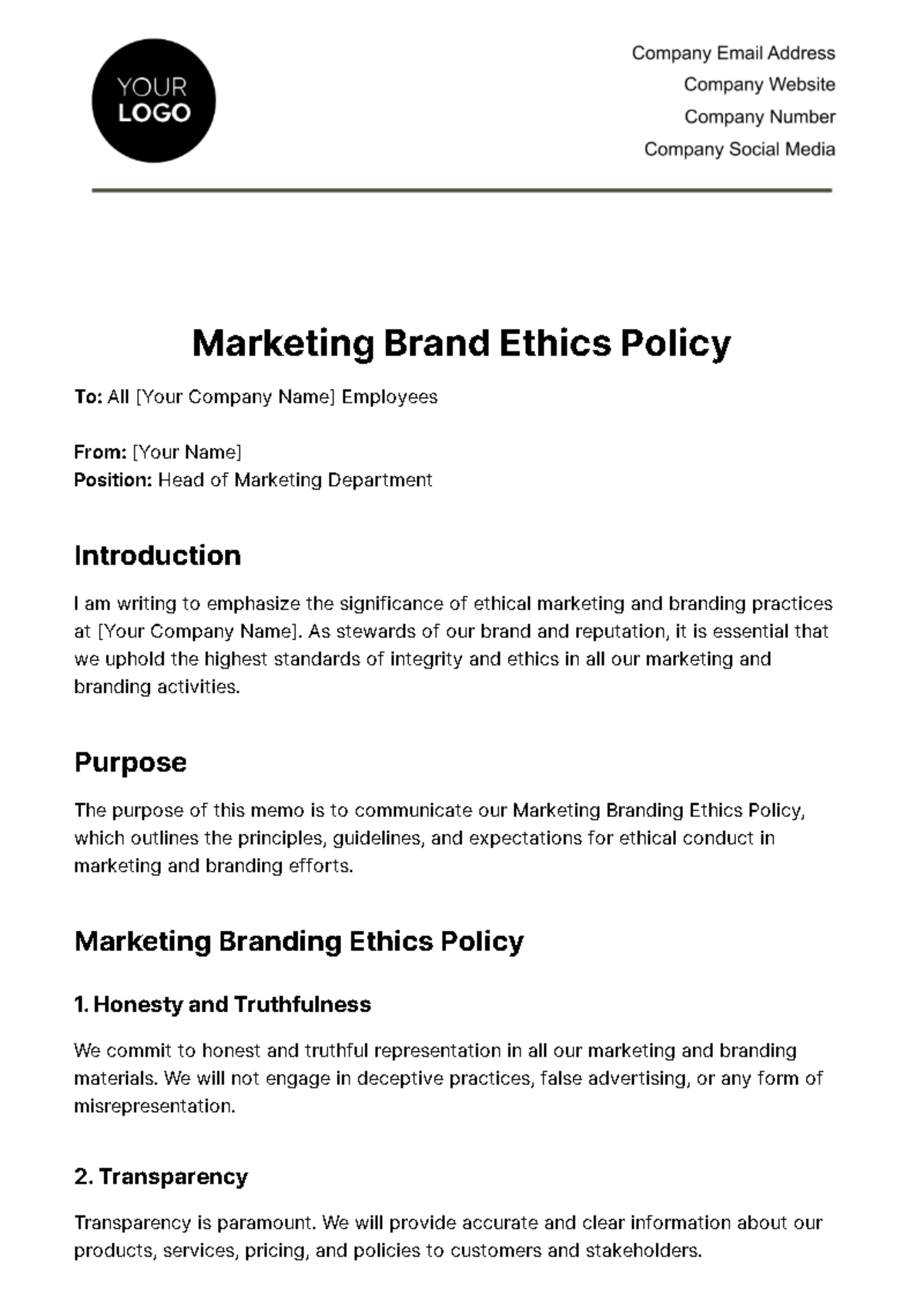 Free Marketing Branding Ethics Policy Template