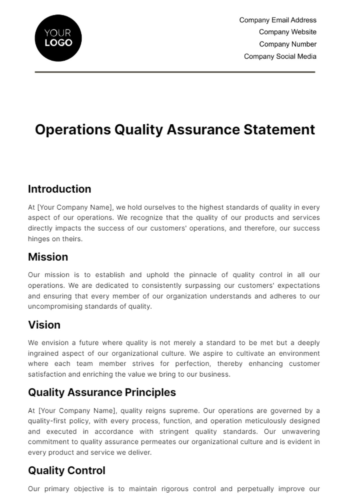Operations Quality Assurance Statement Template