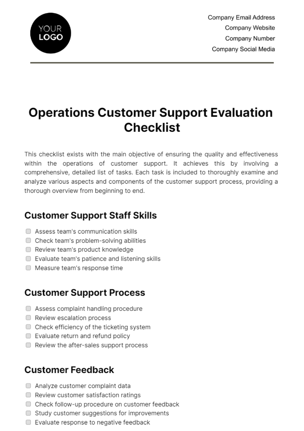 Free Operations Customer Support Evaluation Checklist Template