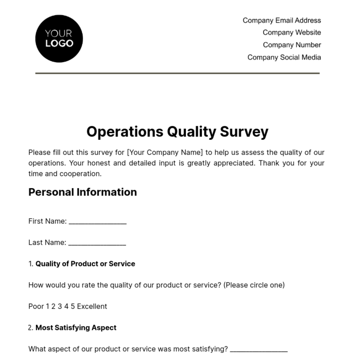 Operations Quality Survey Template - Edit Online & Download