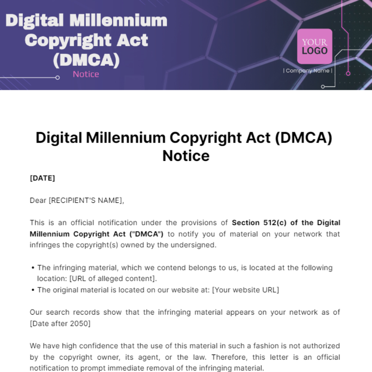 Digital Millennium Copyright Act (DMCA) Notice Template