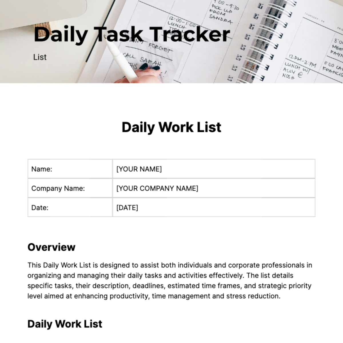 Daily Work List Template