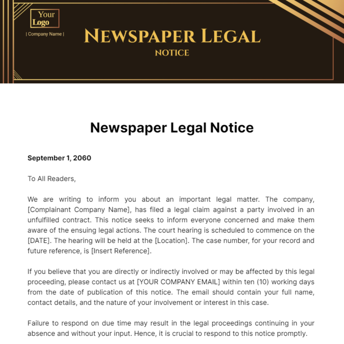 Free Newspaper Legal Notice Template