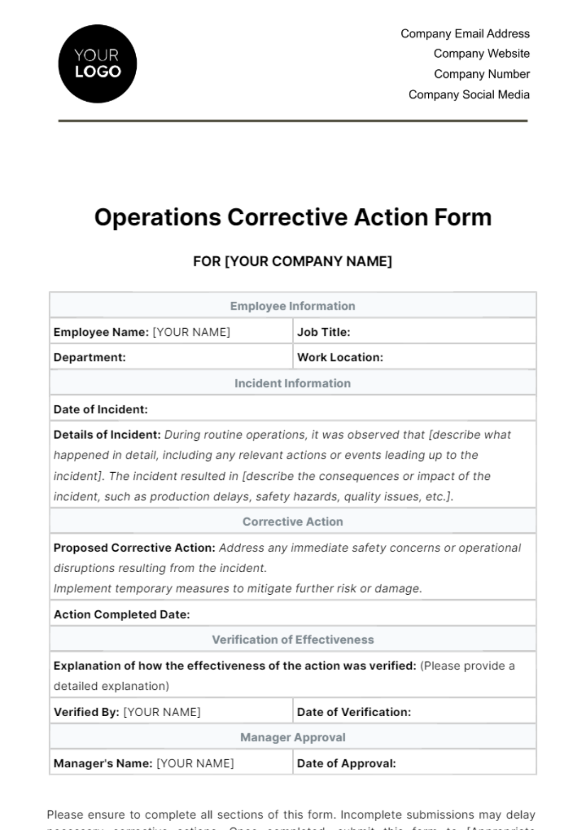 Free Operations Corrective Action Form Template
