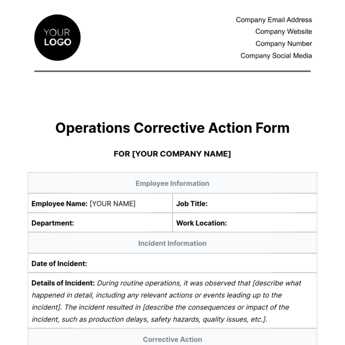 Operations Corrective Action Form Template - Edit Online & Download