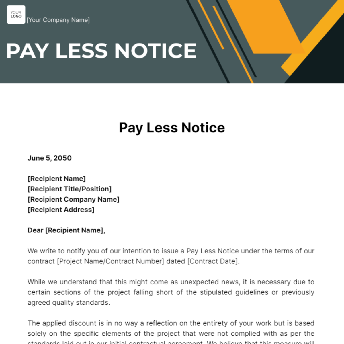 Free Pay Less Notice Template