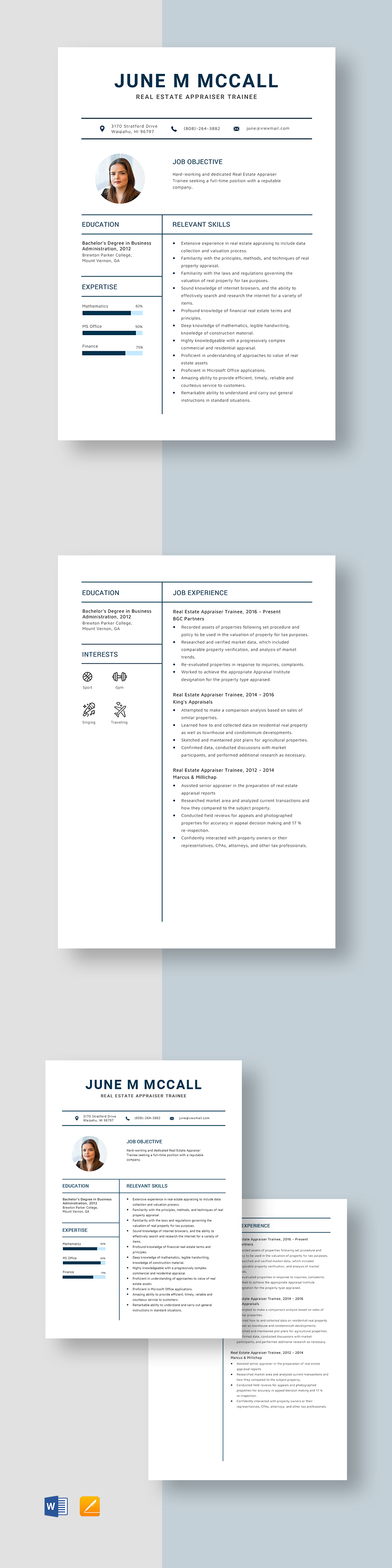 Free Real Estate Appraiser Trainee Resume Template Word, Apple Pages
