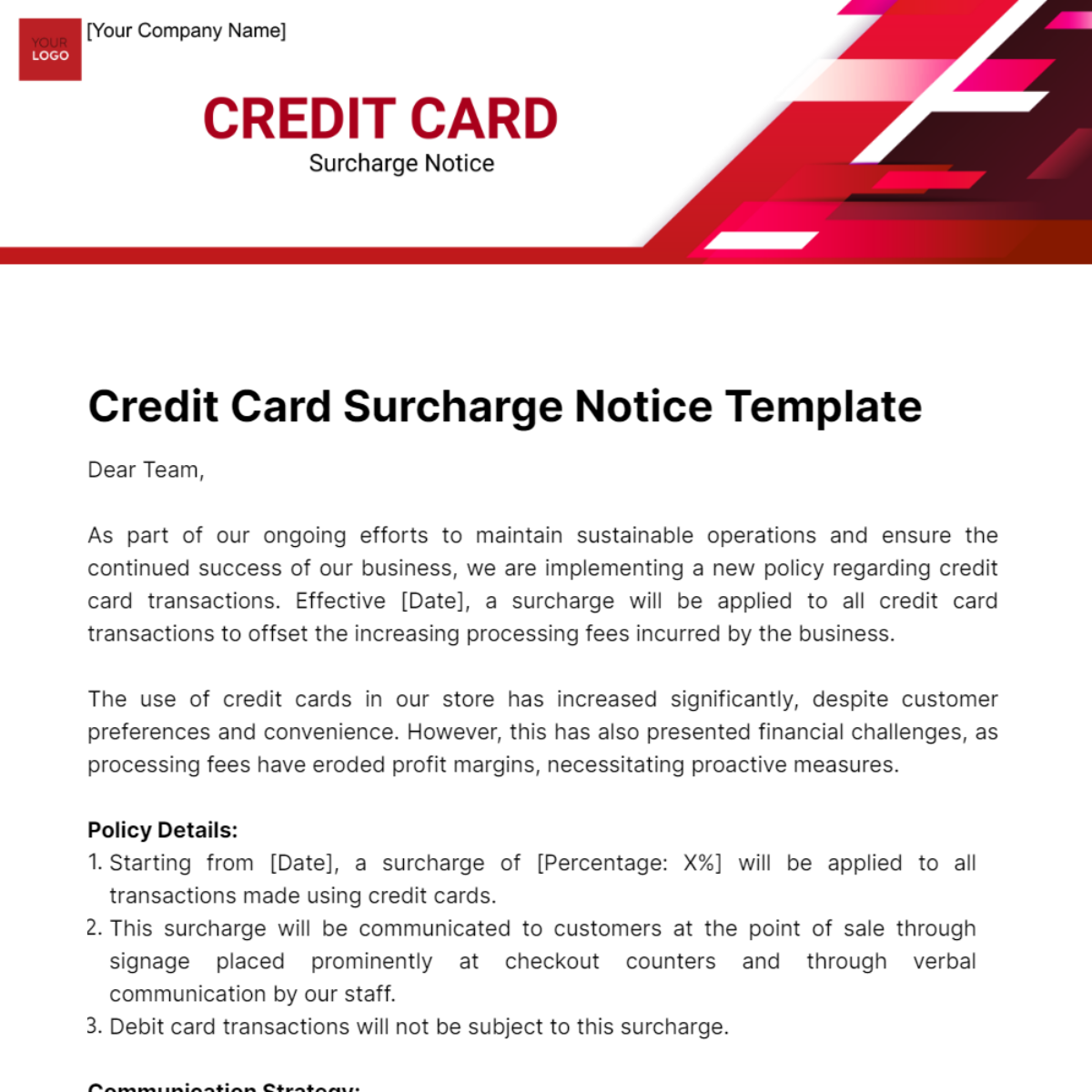 Free Credit Card Surcharge Notice Template