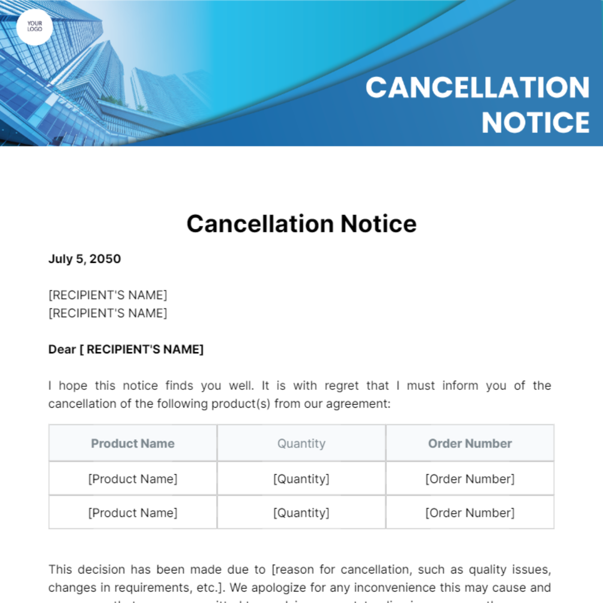 Free Cancellation Notice Template