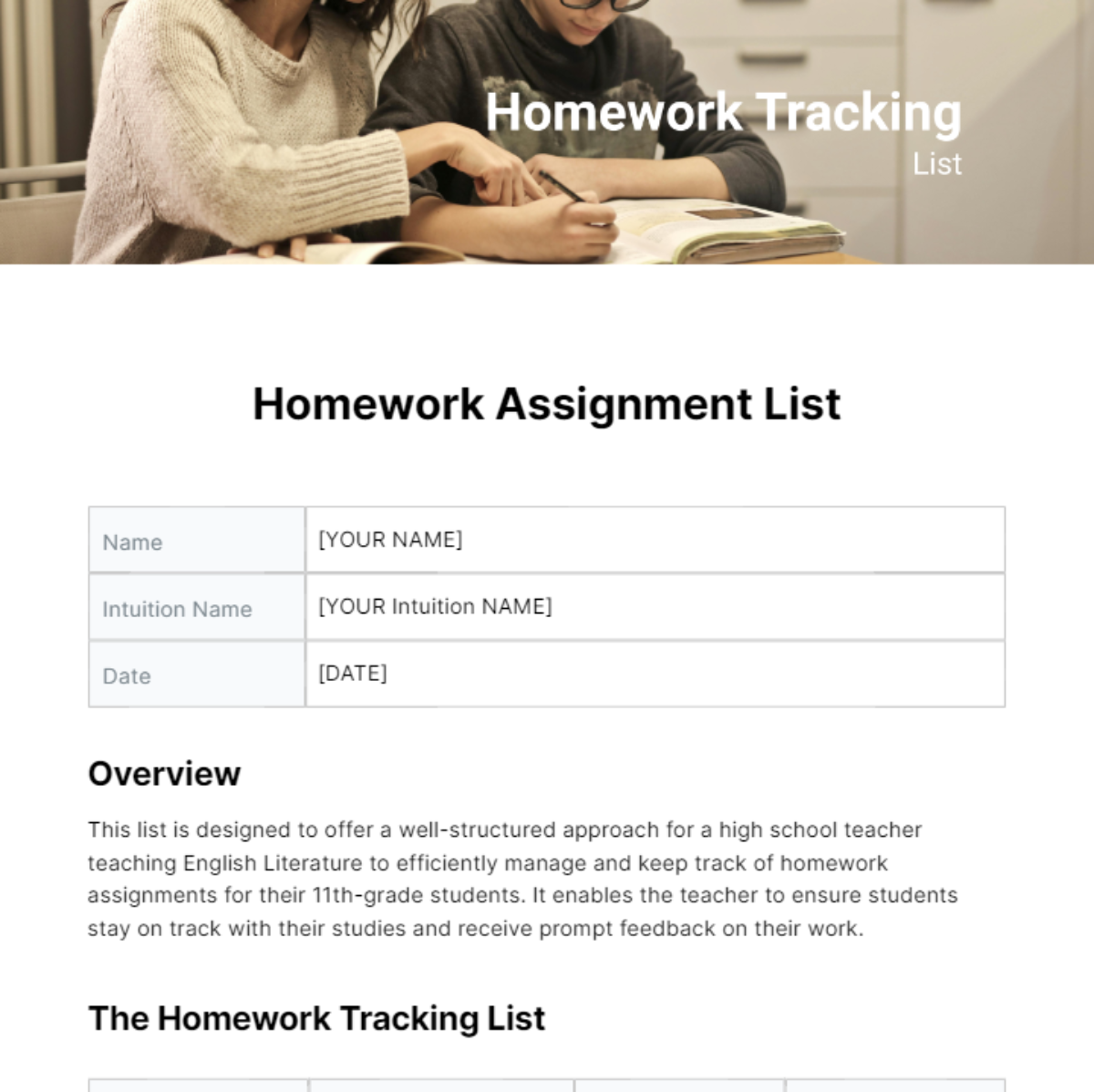 Homework Assignment List Template