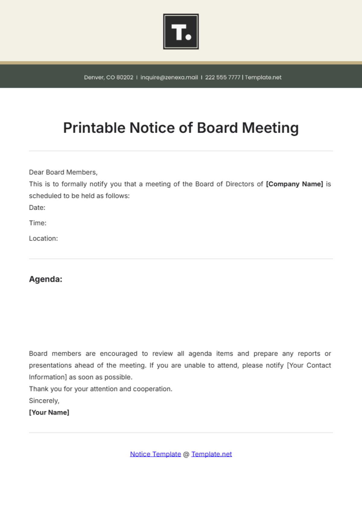 Printable Notice Of Board Meeting Template