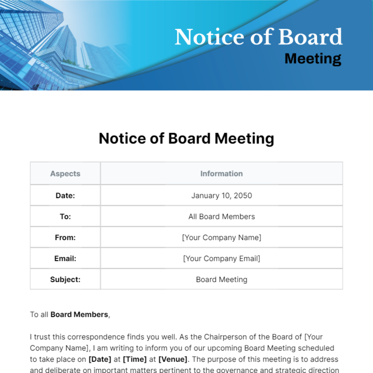 Notice Of Board Meeting Template