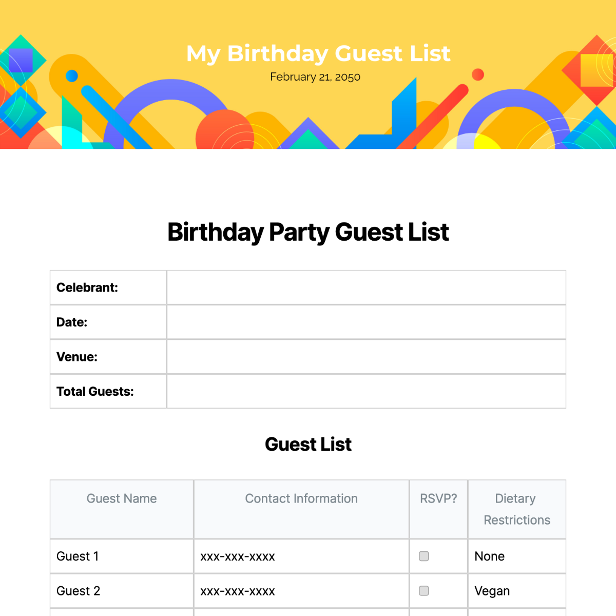 Birthday Party Guest List Template - Edit Online & Download