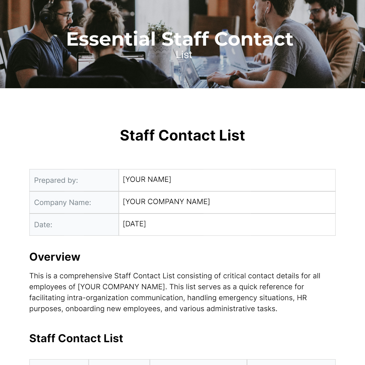 Staff Contact List Template