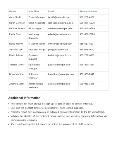 Free Staff Contact List Template to Edit Online