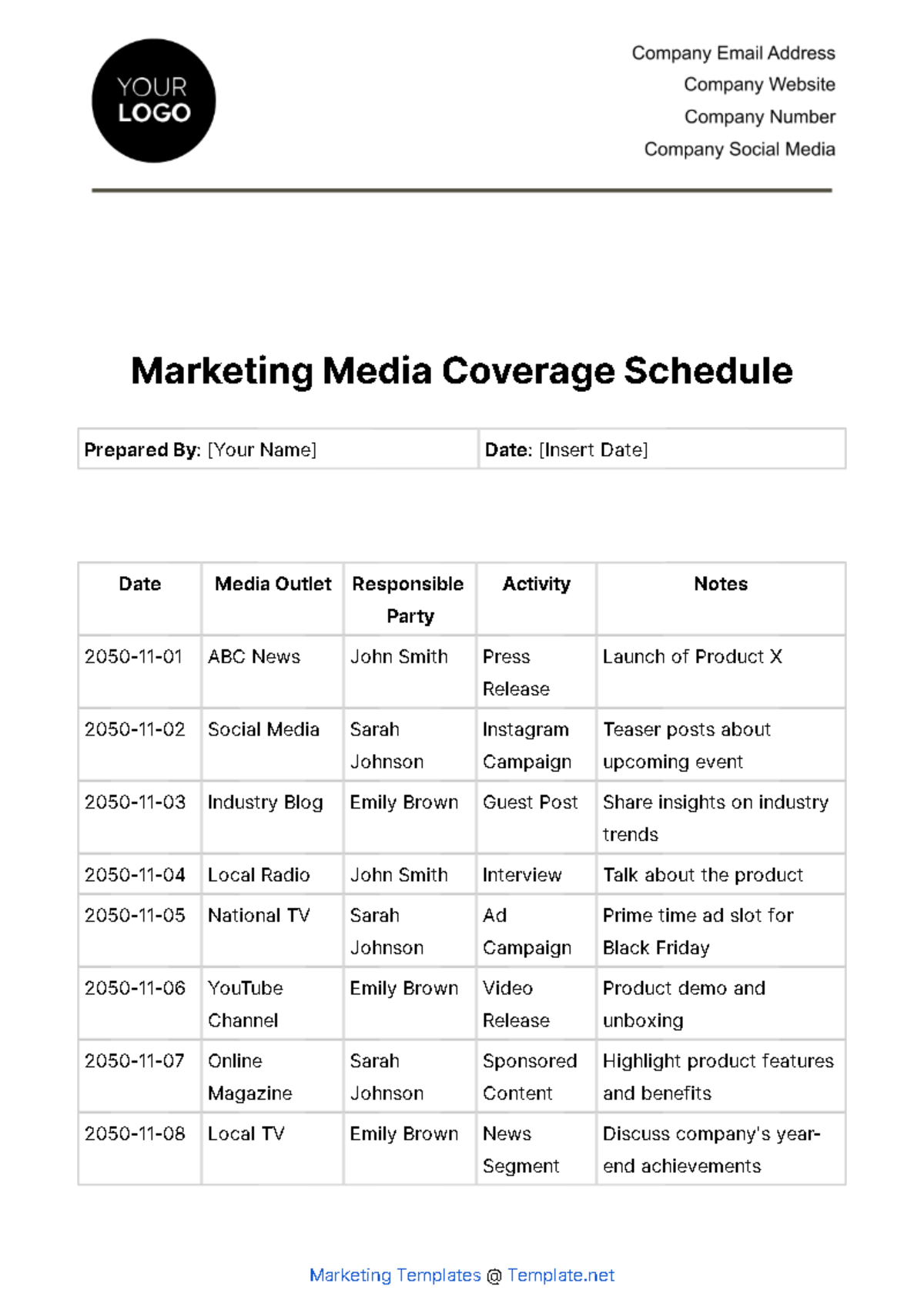 Marketing Media Coverage Schedule Template
