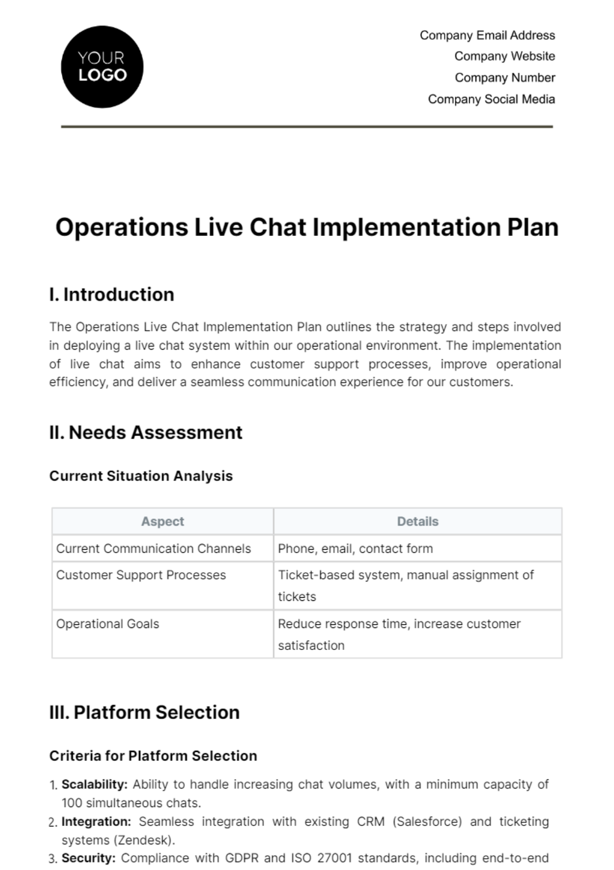 Operations Live Chat Implementation Plan Template