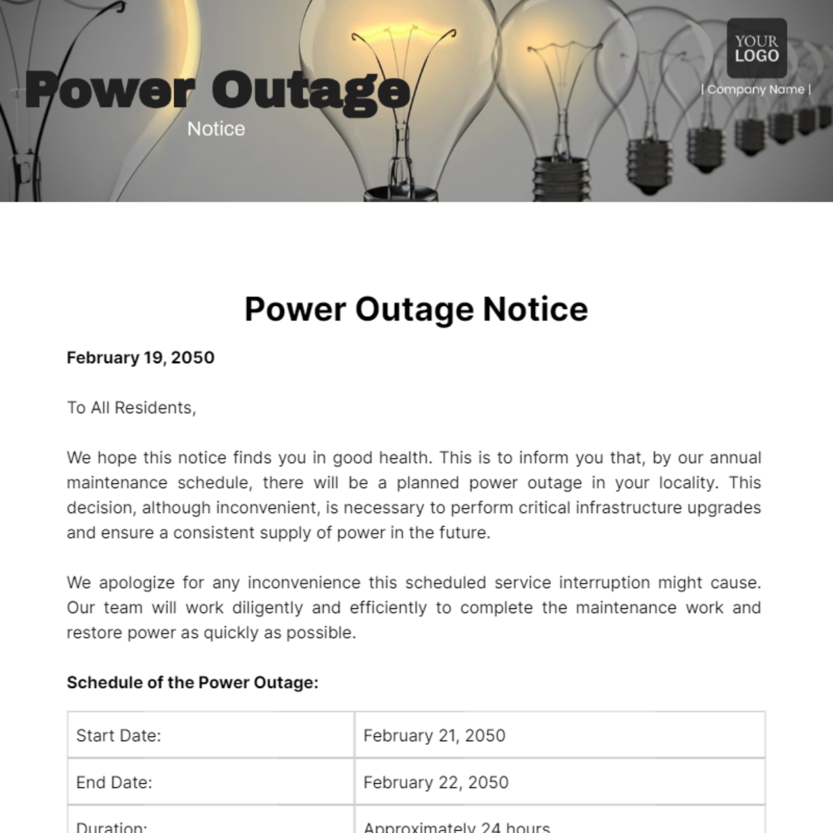 Power Outage Notice Template