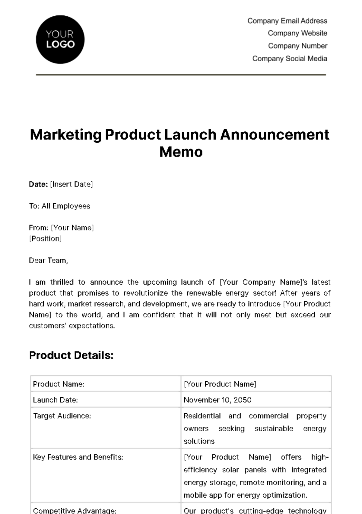 Marketing Product Launch Announcement Memo Template