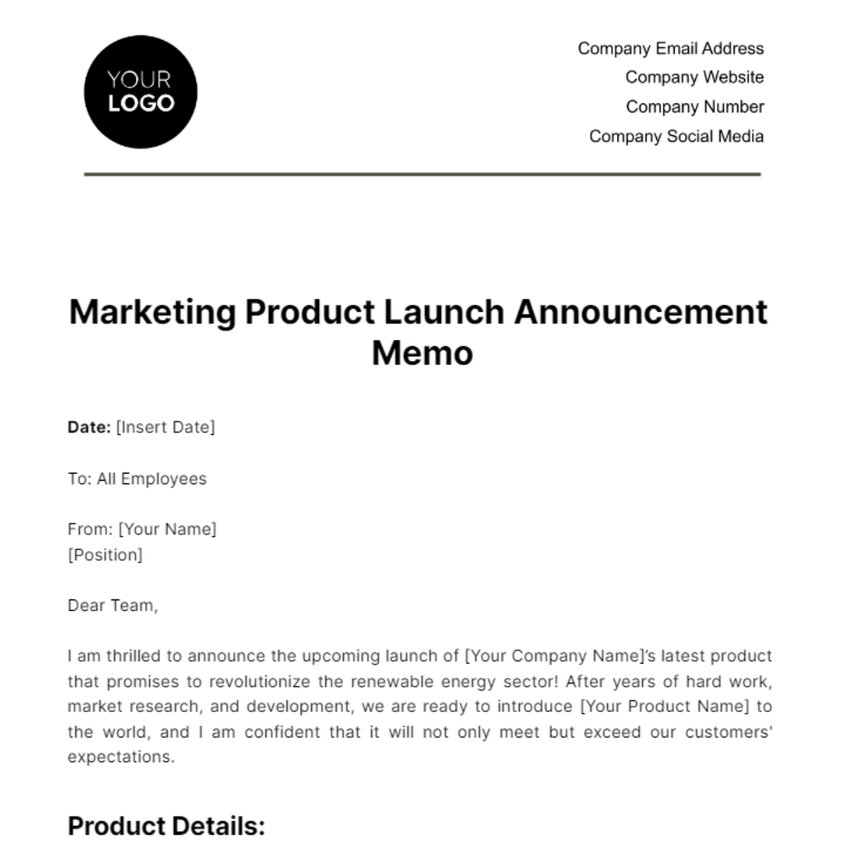 Marketing Product Launch Announcement Memo Template