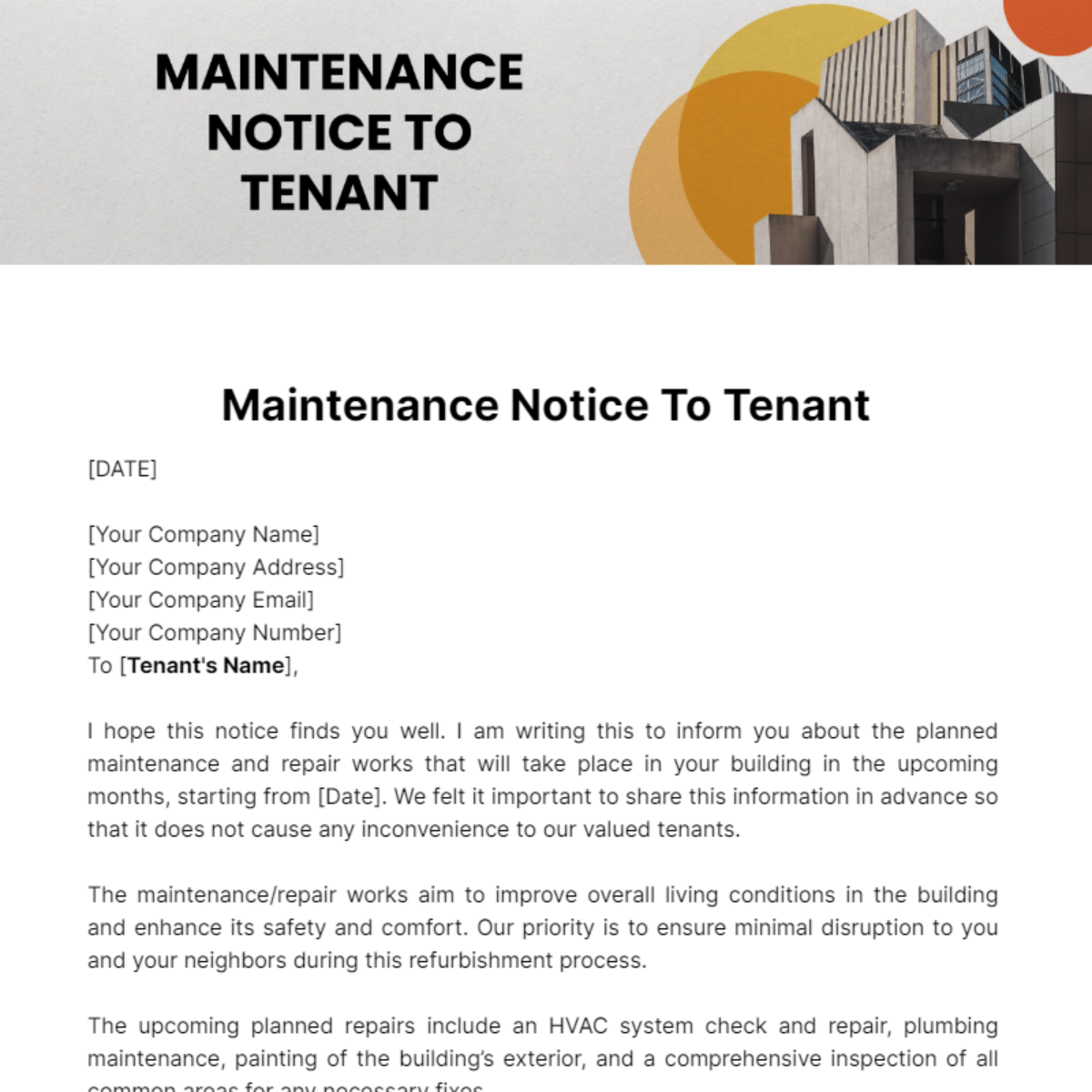 Maintenance Notice To Tenant Template