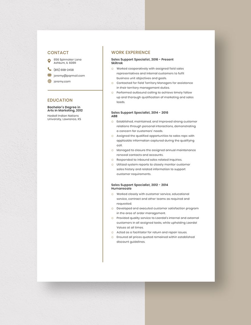 Sales Support Specialist Resume