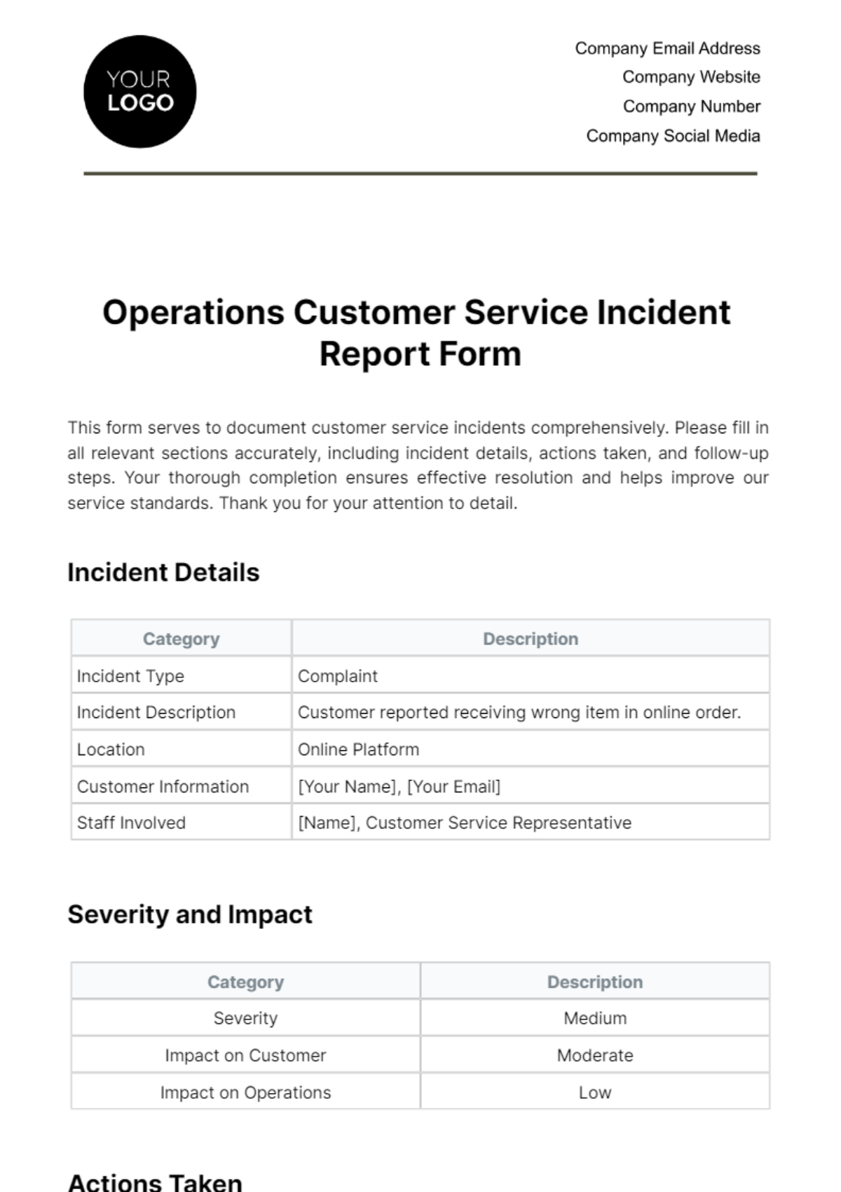 Free Operations Customer Service Incident Report Form Template