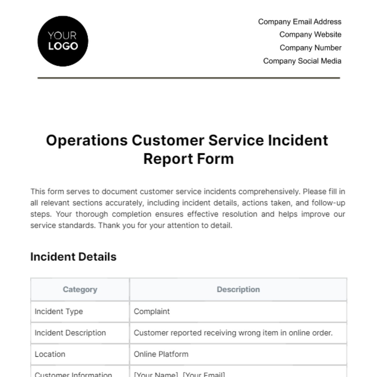 Operations Customer Service Incident Report Form Template - Edit Online & Download