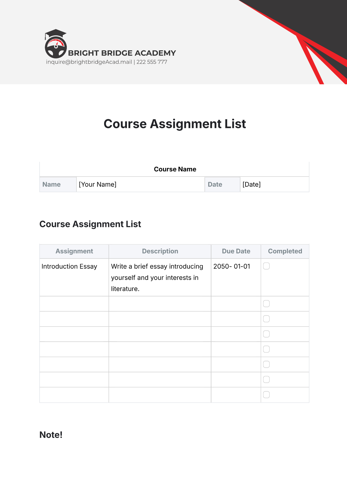 Free Course Assignment List Template