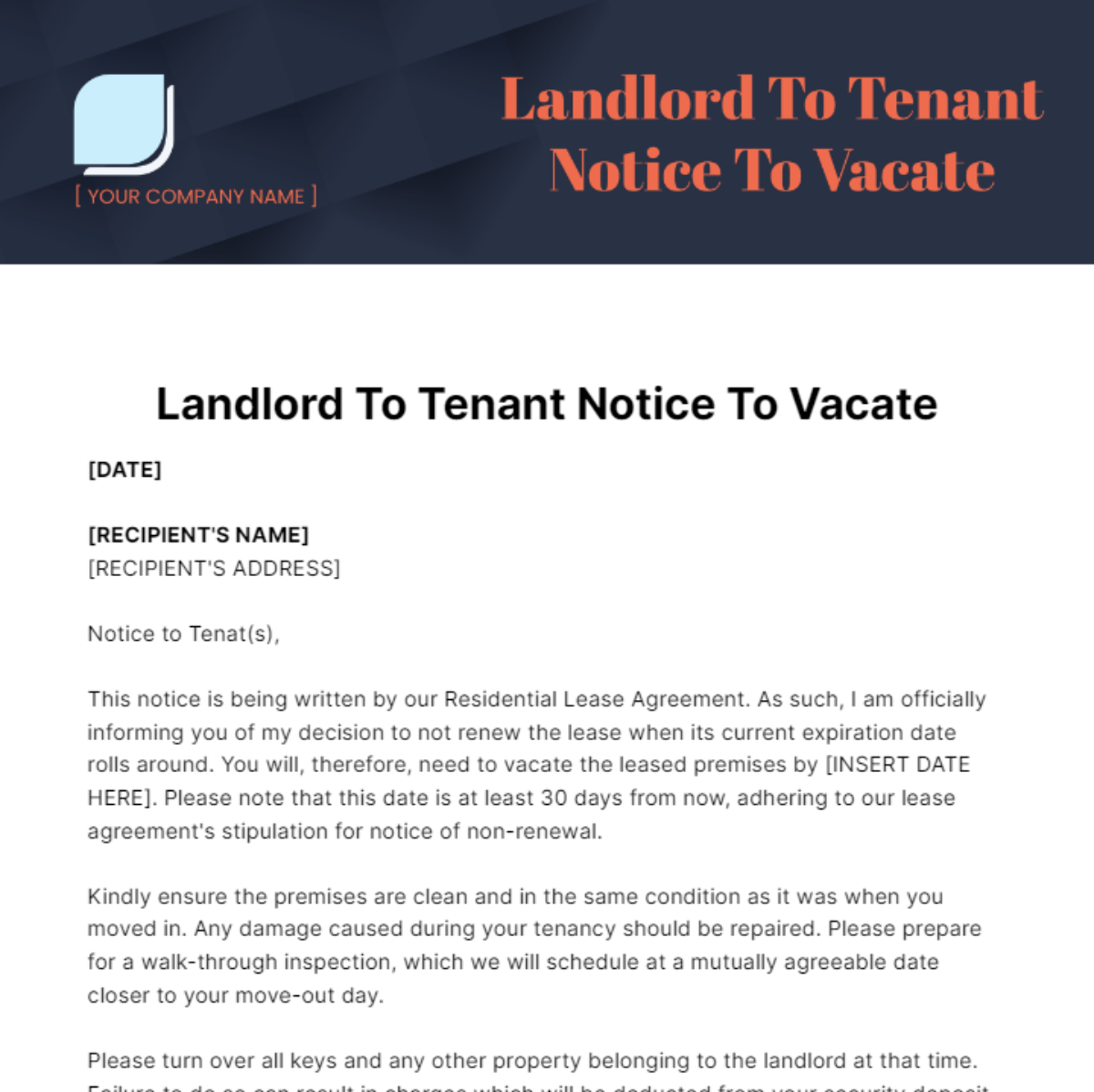 Landlord To Tenant Notice To Vacate Template