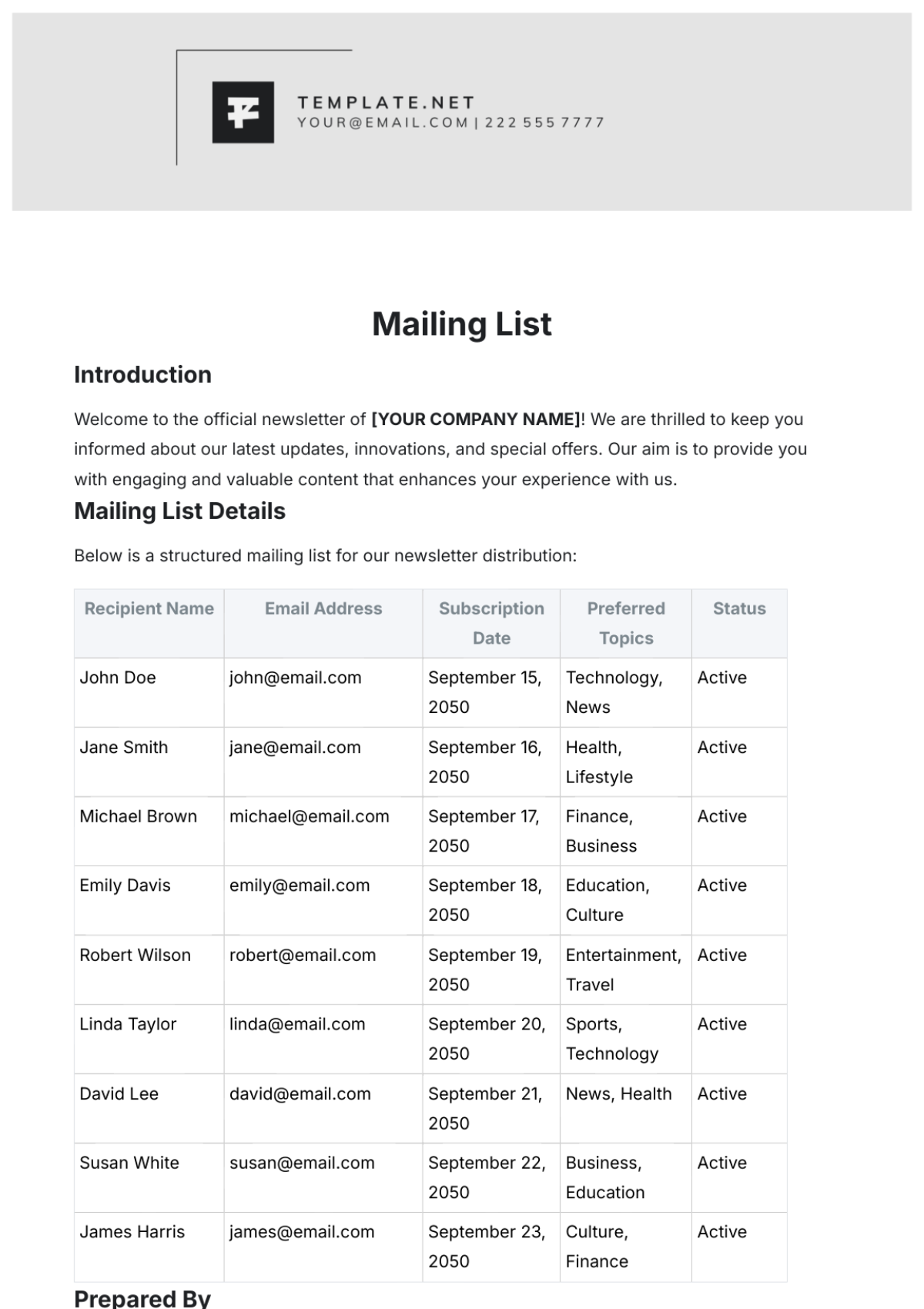 Mailing List Template - Edit Online & Download