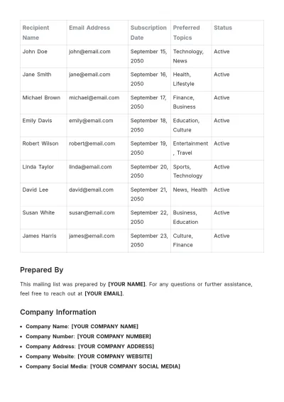 Free Mailing List Template to Edit Online
