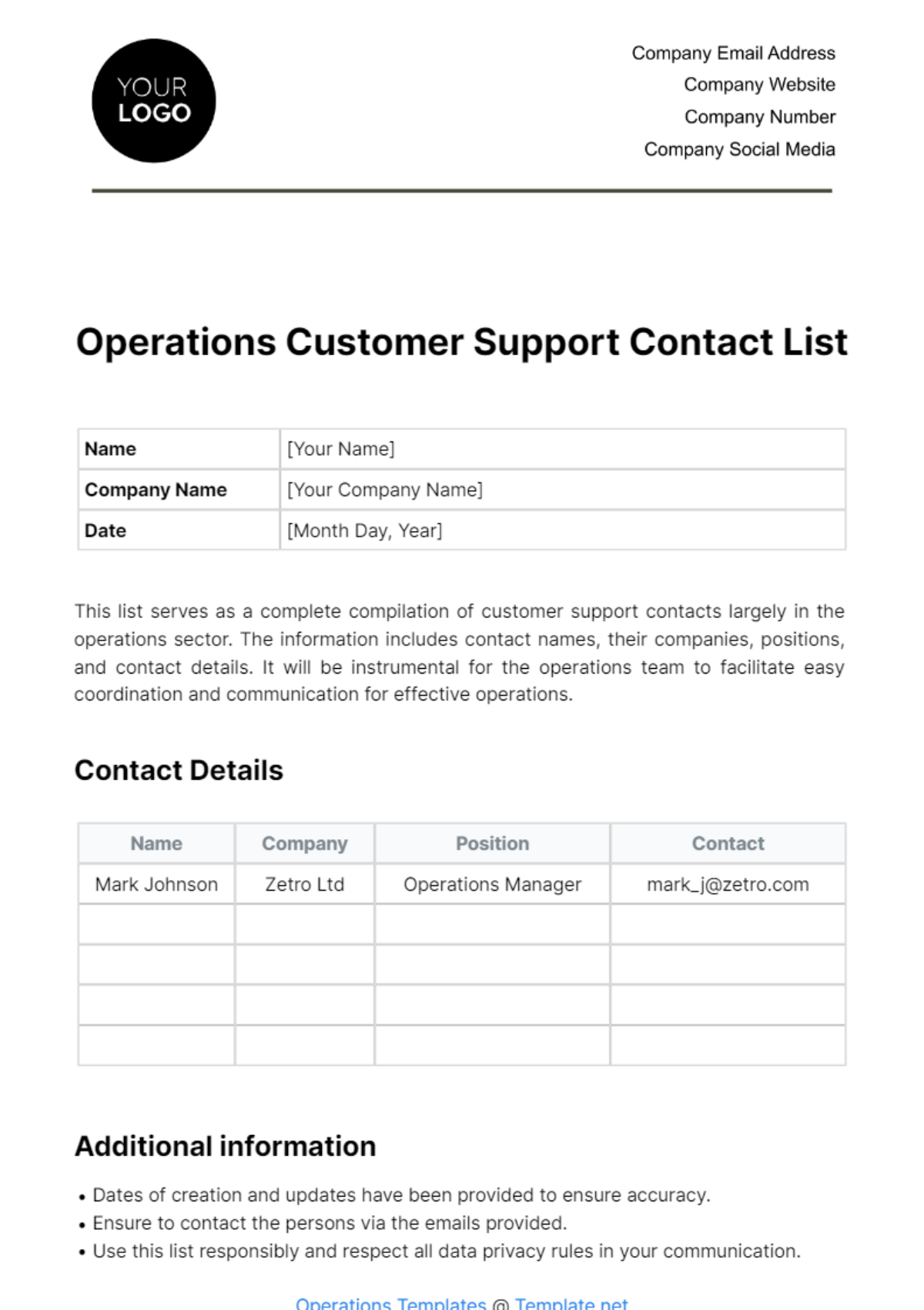 Free Operations Customer Support Contact List Template