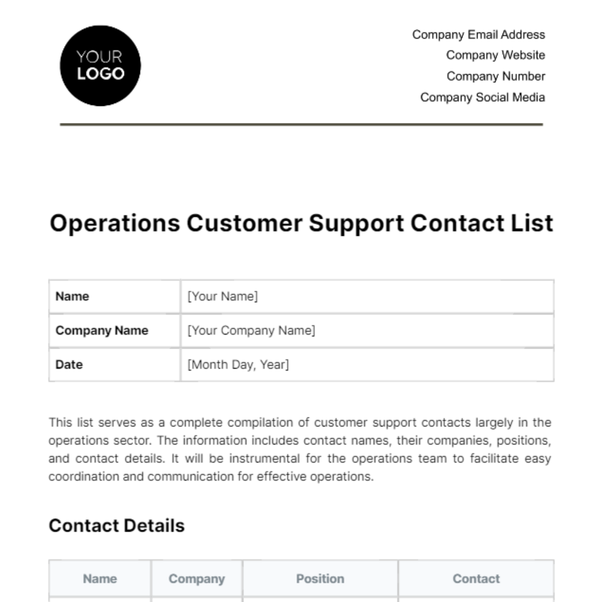 Operations Customer Support Contact List Template - Edit Online & Download