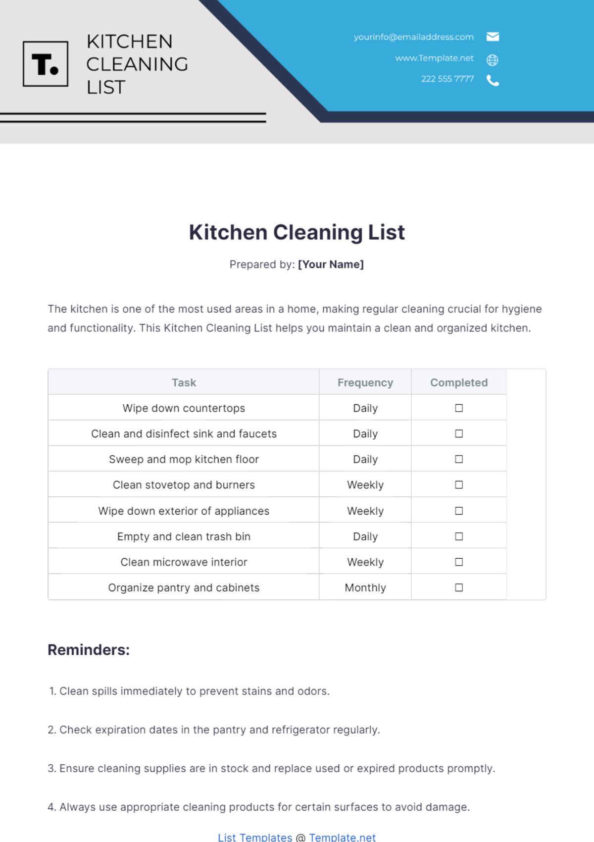 Kitchen Cleaning List Template