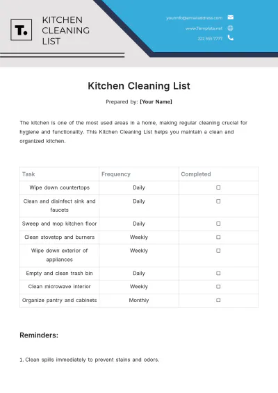 Free Kitchen Cleaning List Template to Edit Online