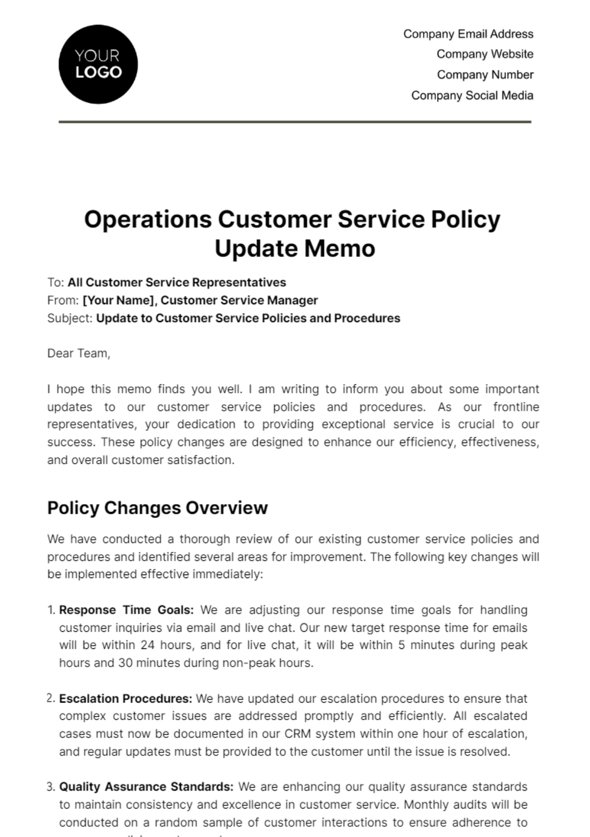 Operations Customer Service Policy Update Memo Template