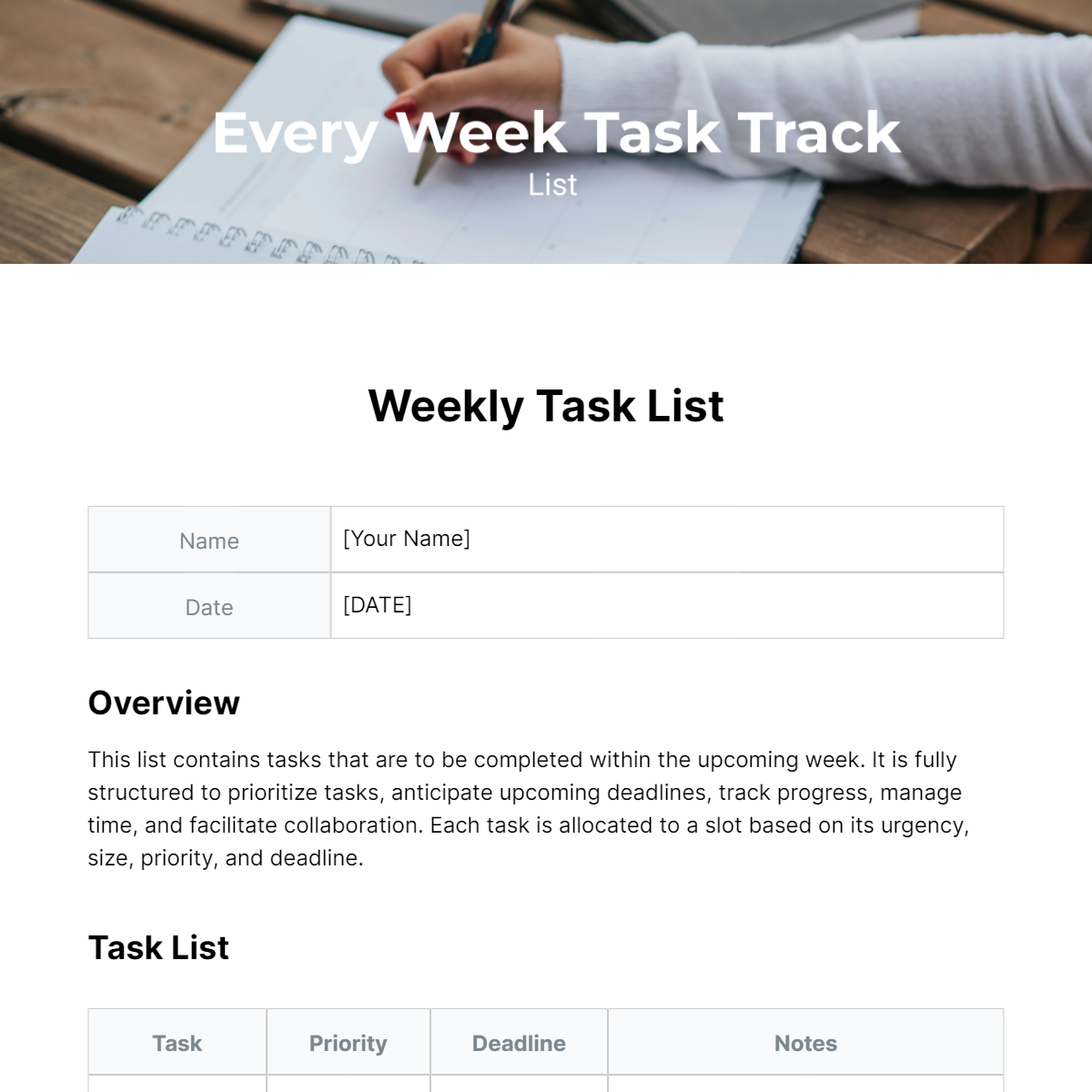 Weekly Task List Template