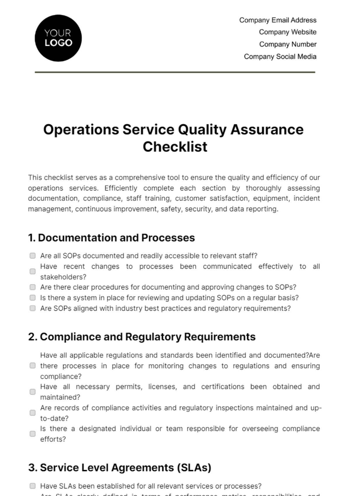 Free Operations Service Quality Assurance Checklist Template