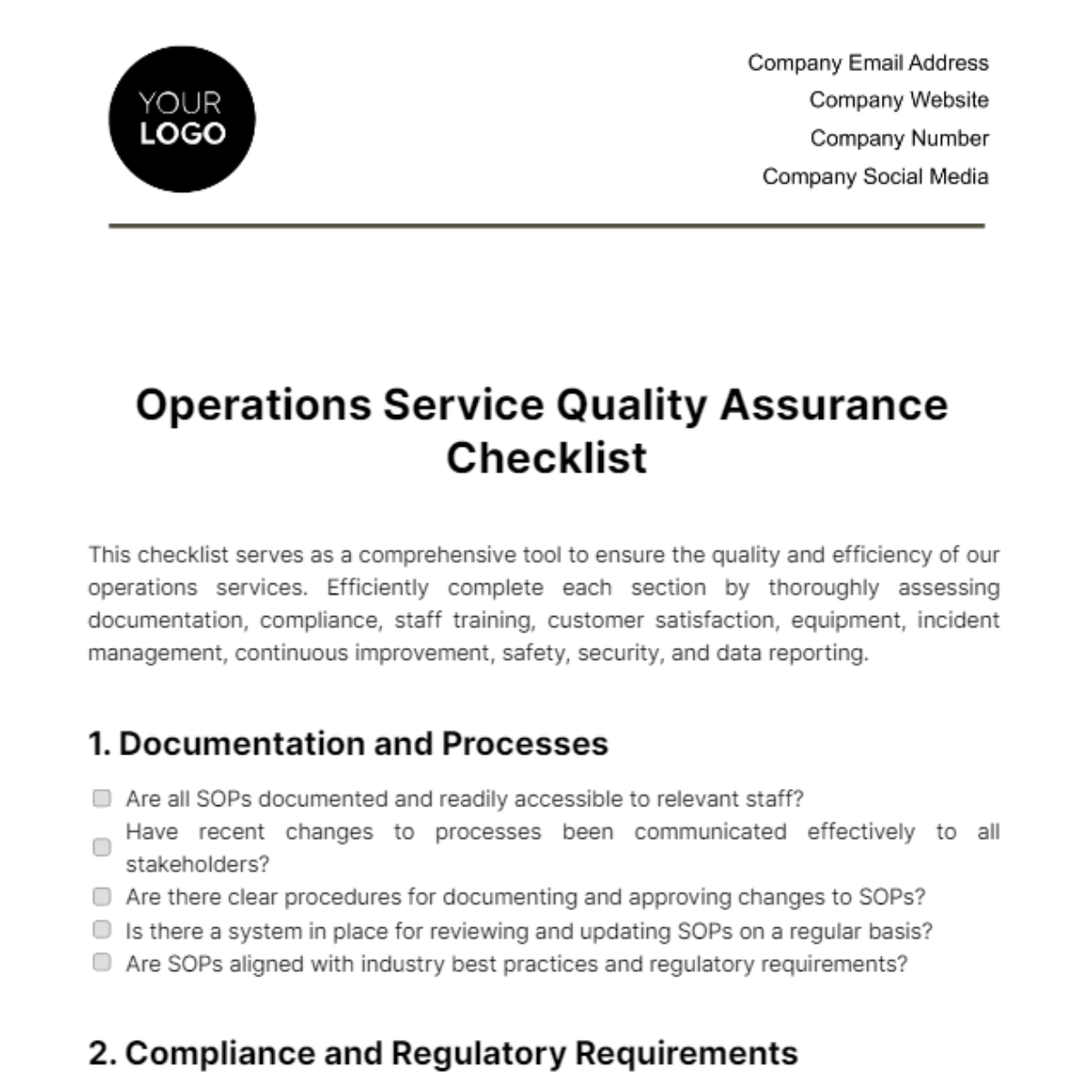 Operations Service Quality Assurance Checklist Template - Edit Online & Download