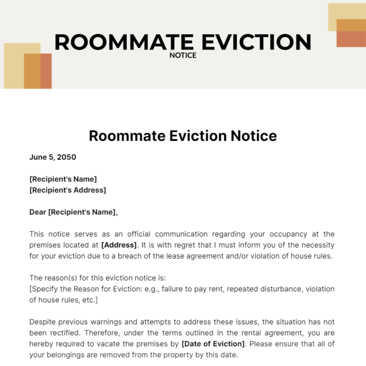 Roommate Eviction Notice Template