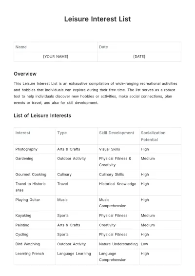Free Leisure Interest List Template to Edit Online