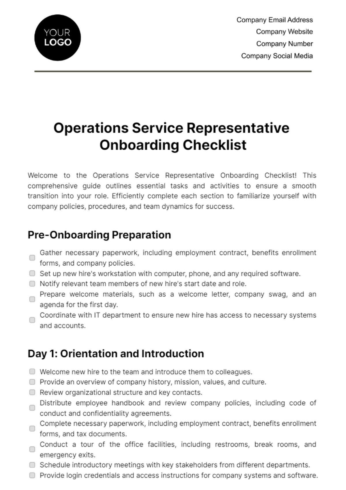 Free Operations Service Representative Onboarding Checklist Template